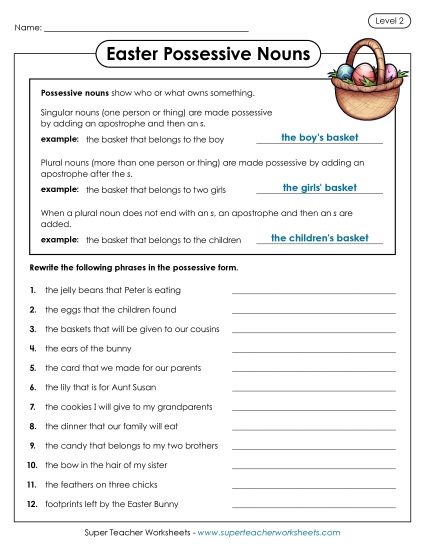 Grammar & Vocabulary - Easter Possessive Nouns (Level 2) (Printable PDF Worksheet)