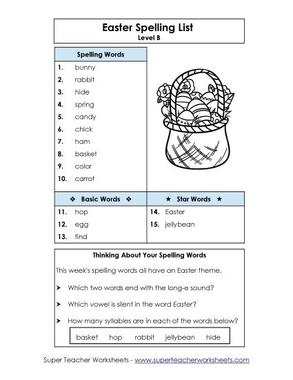 Spelling List - Easter Spelling List (B-Easter)  (Printable PDF Worksheet)