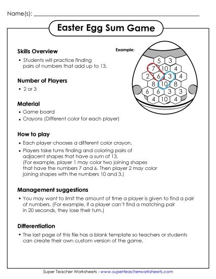 Classroom Games - Easter Sum Game Activity (Printable PDF Worksheet)
