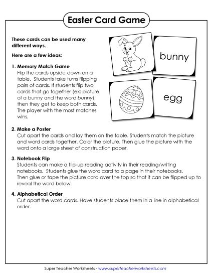 Learning Center Cards (Very Basic) - Easter Word-Picture Sort (Printable PDF Worksheet)