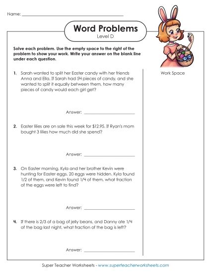 Mixed Word Problems - Easter Word Problems (Level D) (Printable PDF Worksheet)