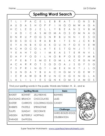 Worksheets - Easter Word Search (D-Easter)  (Printable PDF Worksheet)