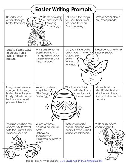 Writing (Story Pictures and  Writing Prompts) - Easter Writing Prompts (Printable PDF Worksheet)