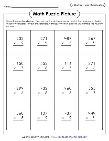 Easter Multiplication - Egg Hunt Math Picture Puzzle (Multiplication 3-Digit by 1-Digit) (Printable PDF Worksheet)