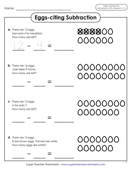 Concept Worksheets - Eggs-citing Subtraction (Pictures) (Printable PDF Worksheet)