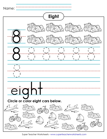 Number Eight - Eight: Trace, Print, Write (Printable PDF Worksheet)