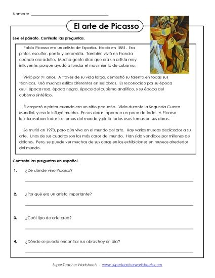 Level: Intermediate - El arte de Picasso (Printable PDF Worksheet)