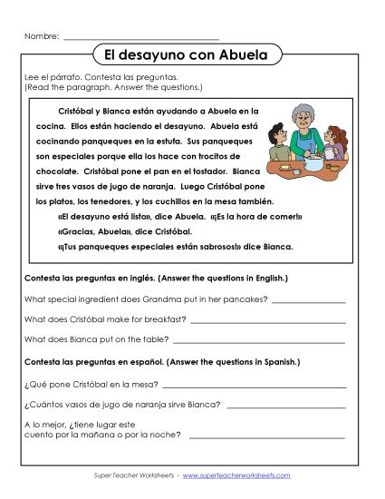 Short Passages (Level: Basic) - El desayuno con Abuela (Printable PDF Worksheet)