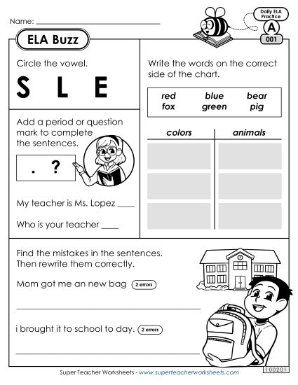ELA Buzz: Week 1 Worksheets 1 through 5 (Printable PDF Worksheet)