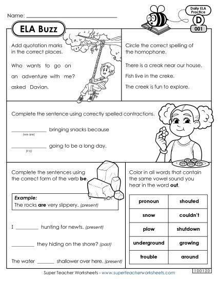 ELA Buzz: Week 1 Worksheets 1 through 5 (Printable PDF Worksheet)