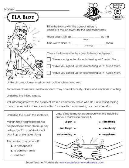 ELA Buzz: Week 18 Worksheets 86 through 90 (Printable PDF Worksheet)