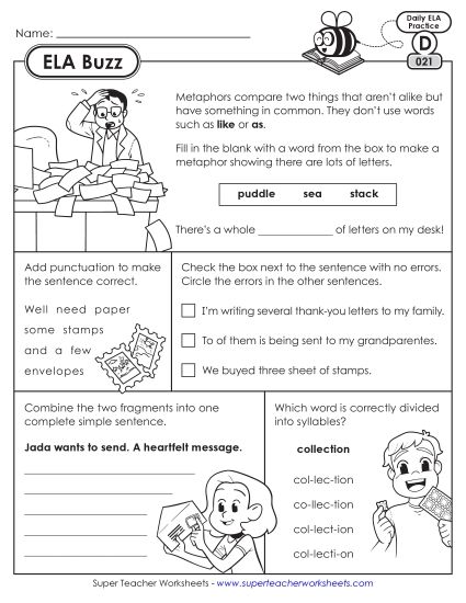 ELA Buzz: Week 5 Worksheets 21 through 25 (Printable PDF Worksheet)