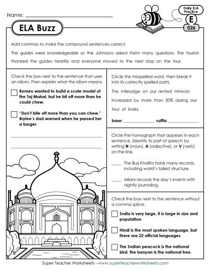 ELA Buzz: Week 6 Worksheets 26 through 30 (Printable PDF Worksheet)