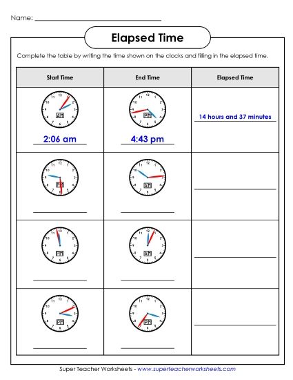 Level: Advanced 1 Minute Increments - Elapsed Time Analog Table (Advanced) (Printable PDF Worksheet)
