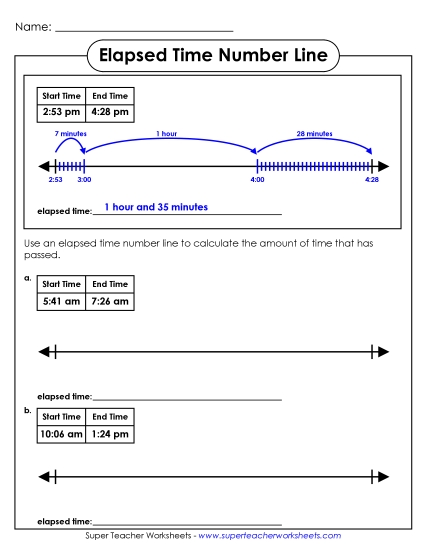 Elapsed Time: 1 Minute Increments - Elapsed Time Number Line Activity (Advanced) (Printable PDF Worksheet)