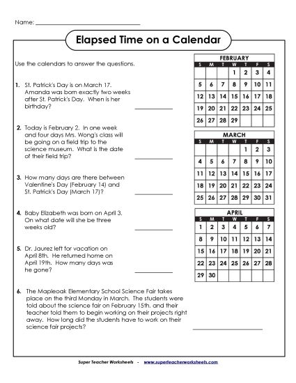 Calendars (Intermediate) - Elapsed Time on Calendars (Printable PDF Worksheet)