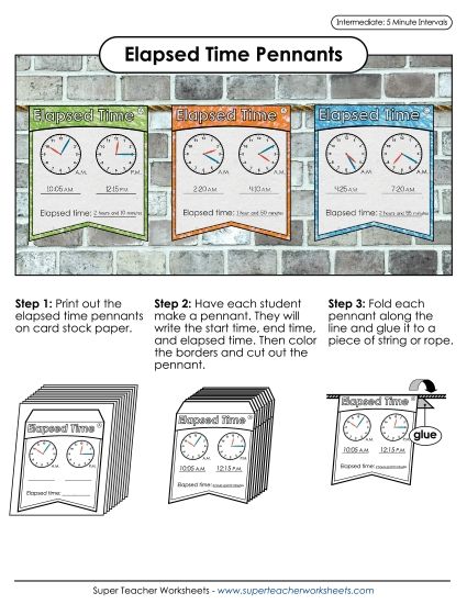 Elapsed Time: 5 Minute Increments - Elapsed Time Pennants (Printable PDF Worksheet)