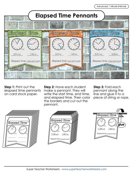 Elapsed Time: 1 Minute Increments - Elapsed Time Practice Pennants (1 Minute Intervals)  (Printable PDF Worksheet)