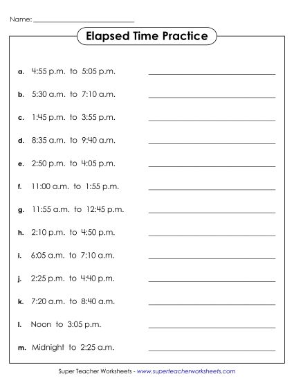 Level: Intermediate 5 Minute Increments - Elapsed Time Practice Worksheet (Printable PDF Worksheet)