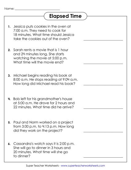 Elapsed Time: 1 Minute Increments - Elapsed Time Word Problems #1 (Printable PDF Worksheet)