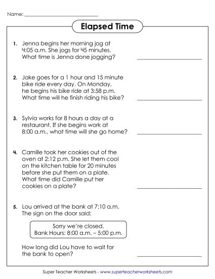 Elapsed Time: 1 Minute Increments - Elapsed Time Word Problems #2 (Printable PDF Worksheet)
