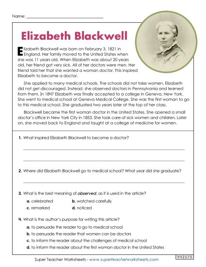Reading Comprehension Articles - Elizabeth Blackwell (Short Passage) (Printable PDF Worksheet)