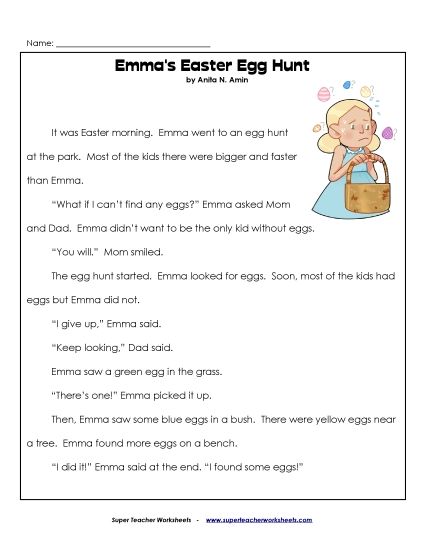 Reading Comprehension - Emma's Easter Egg Hunt (Fiction) (Printable PDF Worksheet)