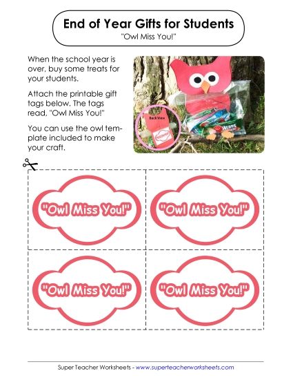 End-of-Year Gift Tags - End-of-Year Gift: Owl "Owl Miss You!" (Printable PDF Worksheet)