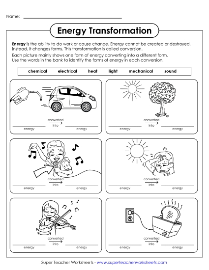 Energy Transformation - Energy Transformation Pictures (Printable PDF Worksheet)