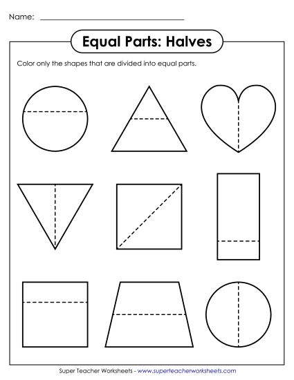 Halves - Equal Parts: Halves (Printable PDF Worksheet)