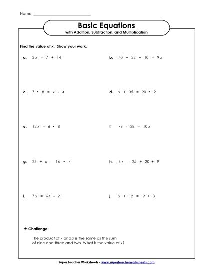 Level: Basic Positive Whole Numbers - Equations with Addition, Subtraction, & Multiplication (Printable PDF Worksheet)