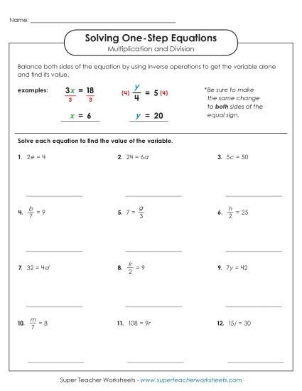 Solving for Variables Multiplication & Division Only - Equations with Multiplication & Division (Basic) (Printable PDF Worksheet)