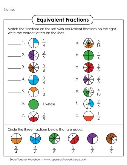 Equivalent Fractions - Equivalent Fraction Matching (Printable PDF Worksheet)
