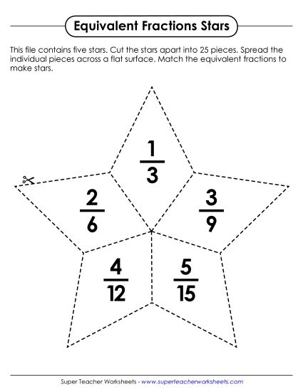 Equivalent Fractions - Equivalent Fraction Star Puzzles (Printable PDF Worksheet)