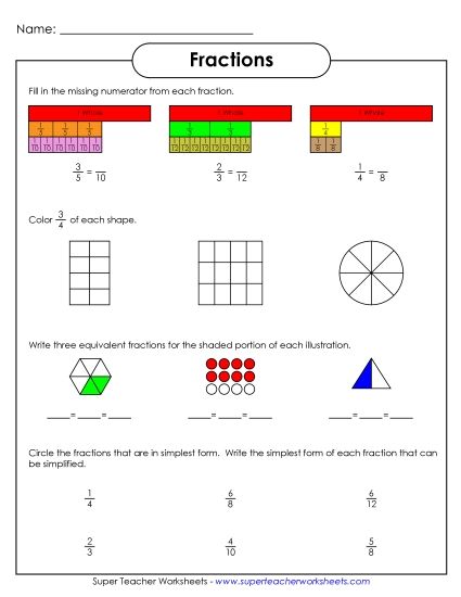 Equivalent Fractions - Equivalent Fractions & Simplest Form (Printable PDF Worksheet)