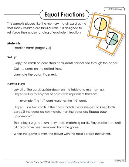 Equivalent Fractions - Equivalent Fractions Matching Game (Printable PDF Worksheet)