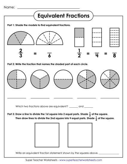 Equivalent Fractions - Equivalent Fractions w/ Picture Models (Printable PDF Worksheet)