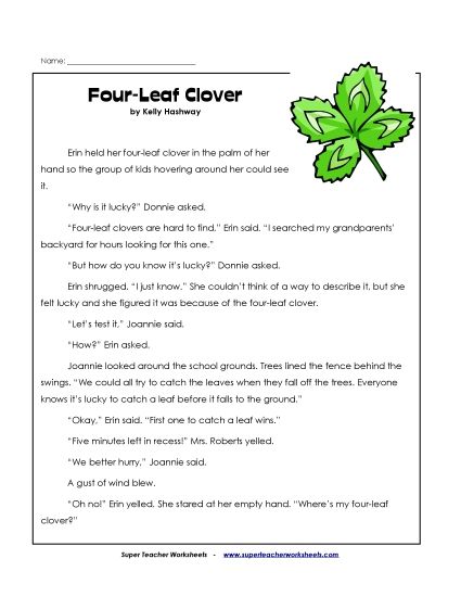 Fiction Stories - Erin's Four Leaf Clover (Fiction) (Printable PDF Worksheet)