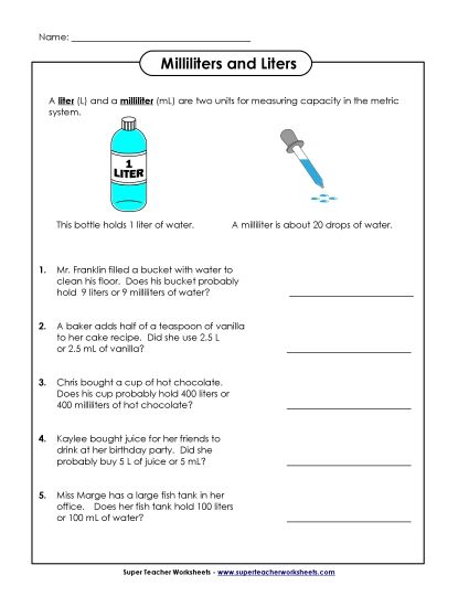 Estimating- Liters and Milliliters (Printable PDF Worksheet)