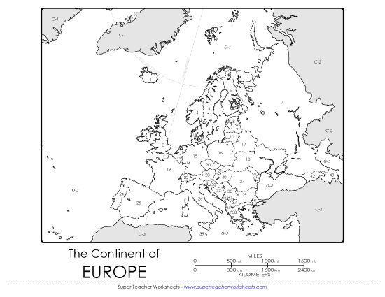 Maps of Europe - Europe - Numbers (Printable PDF Worksheet)