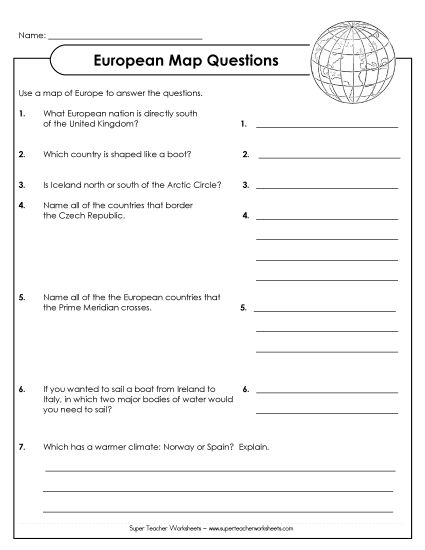 Maps of Europe - Europe - Questions (Printable PDF Worksheet)
