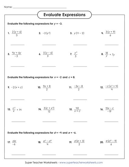 Advanced Level: Incl. +/- Numbers - Evaluate Algebraic Expressions (Advanced) Worksheet 1 (Printable PDF Worksheet)