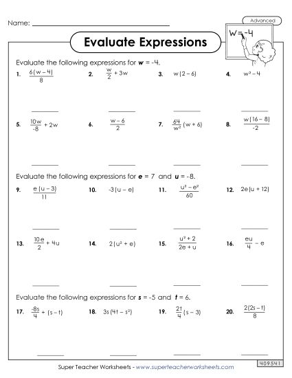 Advanced Level: Incl. +/- Numbers - Evaluate Algebraic Expressions (Advanced) Worksheet 2 (Printable PDF Worksheet)