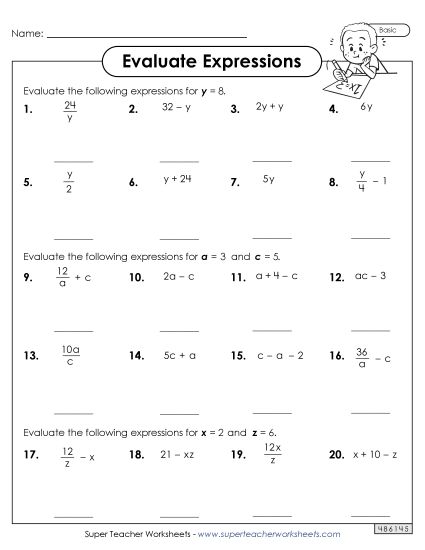 Basic Level: Positive Whole Numbers - Evaluate Algebraic Expressions (Basic) Worksheet 3 (Printable PDF Worksheet)