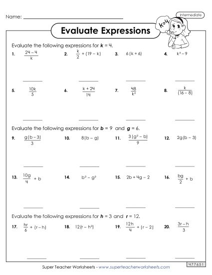 Intermediate Level: Exponents & Parentheses - Evaluate Algebraic Expressions (Intermediate) Worksheet 2 (Printable PDF Worksheet)