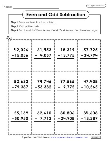 Worksheets - Even and Odd Subtraction Sort (Printable PDF Worksheet)