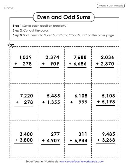 4-Digit Addition - Even & Odd Sums (4 Digits) (Printable PDF Worksheet)