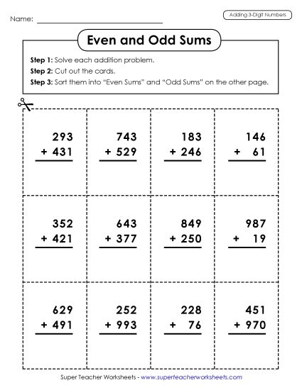 Addition (3-Digit Addends) - Even and Odd Sums (Printable PDF Worksheet)
