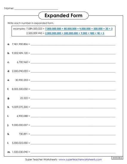 Place Value - Expanded Form (Billions) (Printable PDF Worksheet)