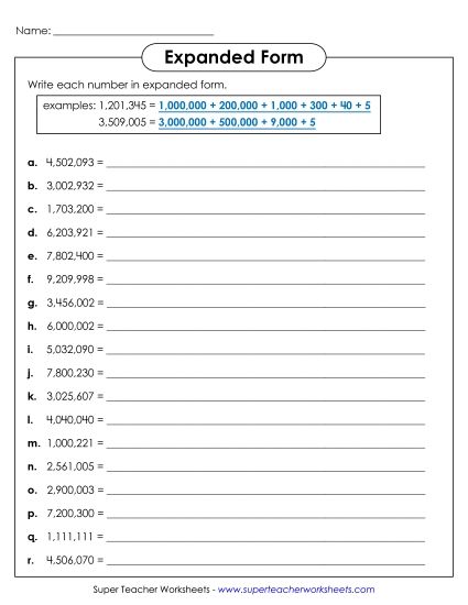 Place Value - Expanded Form: Millions (Printable PDF Worksheet)
